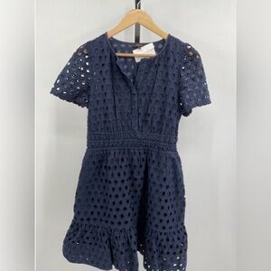 New Quince Women's 100% Organic Cotton Eyelet Tiered Mini Dress  Blue M